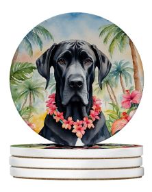 Great Dane Luau Large Sandstone Coasters Pack of 4 Absorbent Round Coasters Decor Gifts for Men or Women, 4 in, Multicolor