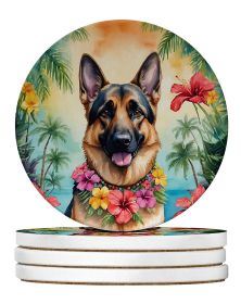 German Shepherd Luau Large Sandstone Coasters Pack of 4 Absorbent Round Coasters Decor Gifts for Men or Women, 4 in, Multicolor