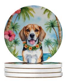 Beagle Luau Large Sandstone Coasters Pack of 4 Absorbent Round Coasters Decor Gifts for Men or Women, 4 in, Multicolor