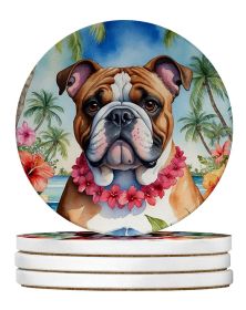English Bulldog Luau Large Sandstone Coasters Pack of 4 Absorbent Round Coasters Decor Gifts for Men or Women, 4 in, Multicolor