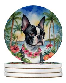 Boston Terrier Luau Large Sandstone Coasters Pack of 4 Absorbent Round Coasters Decor Gifts for Men or Women, 4 in, Multicolor