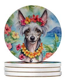 Chinese Crested Luau Large Sandstone Coasters Pack of 4 Absorbent Round Coasters Decor Gifts for Men or Women, 4 in, Multicolor
